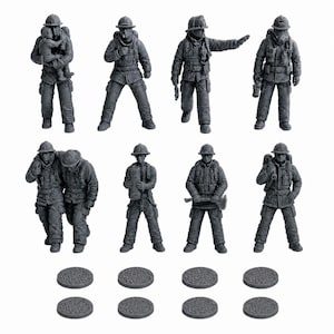 May include: A collection of miniature firefighter figurines in various poses, including carrying a child, using a radio, pointing, and assisting another. The figures are gray and detailed, with helmets, jackets, and equipment. Includes eight circular bases.