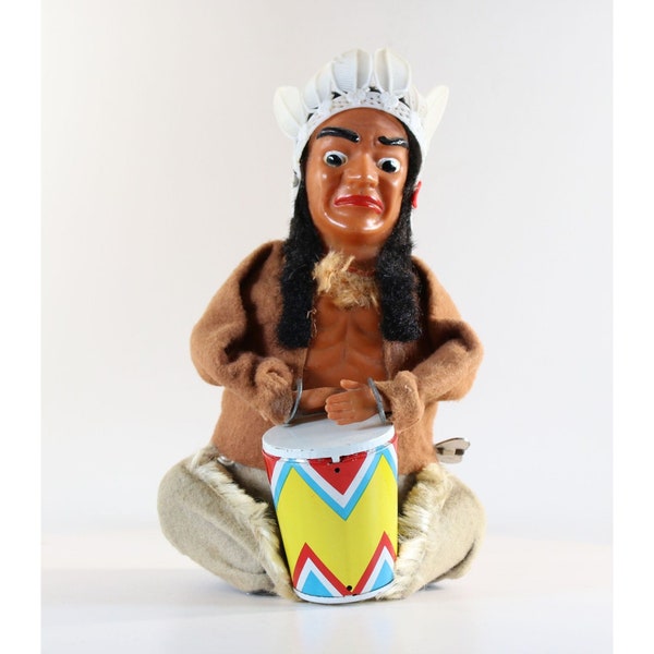 Tin Drumming Indian Chief Wind Up Toy Made In Japan Approx 7.5" Non Working Rare Toy