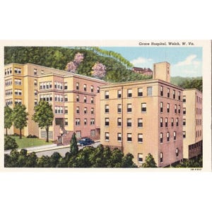 Carte postale vintage Grace Hospital, Welch, Virginie-Occidentale, 1930-1950