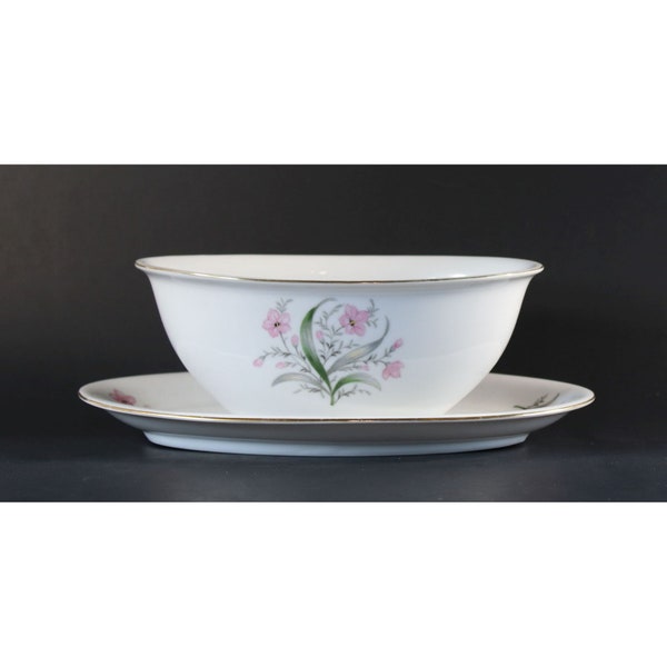 Vintage Princess China Bolero Pattern Japan Gravy Boat with Attached Underplate