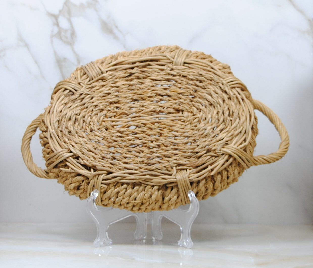 Vintage Sisal Rope Basket With Rattan Handles