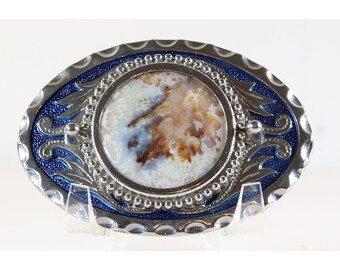 Western Metal Belt Buckle Painted With Polished Center Stone 1980s