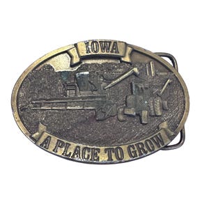 Vtg Belt Buckle Iowa A Place To Grow Farming Tractor Combine Brass 1980 USA Made 3.5&quot; x 2.5&quot;