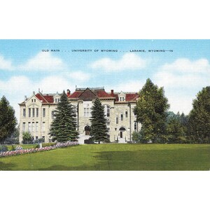 Cartão postal Old Main, Universidade de Wyoming, Laramie, Wyoming 16 Linen 1930-1950