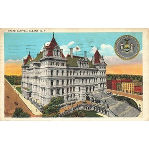 Pocztówka Kapitol Stanowy, Albany N.Y. Biała ramka w stylu vintage, opublikowana w latach 1917-1929