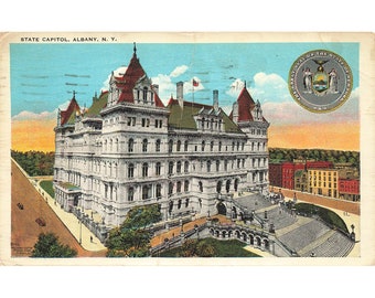 Carte postale du capitole de l'État d'Albany, dans l'État de New York, vintage, bordure blanche, postée 1917-1929