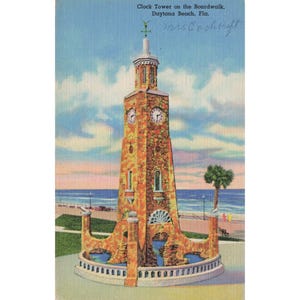 Clock Tower on the Boardwalk Daytona Beach Fla. Vintage linnen, ongepost briefkaart 1930-1950