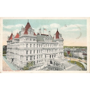 Pocztówka Kapitol Stanowy, Albany N.Y. Biała ramka w stylu vintage, opublikowana w latach 1917-1929