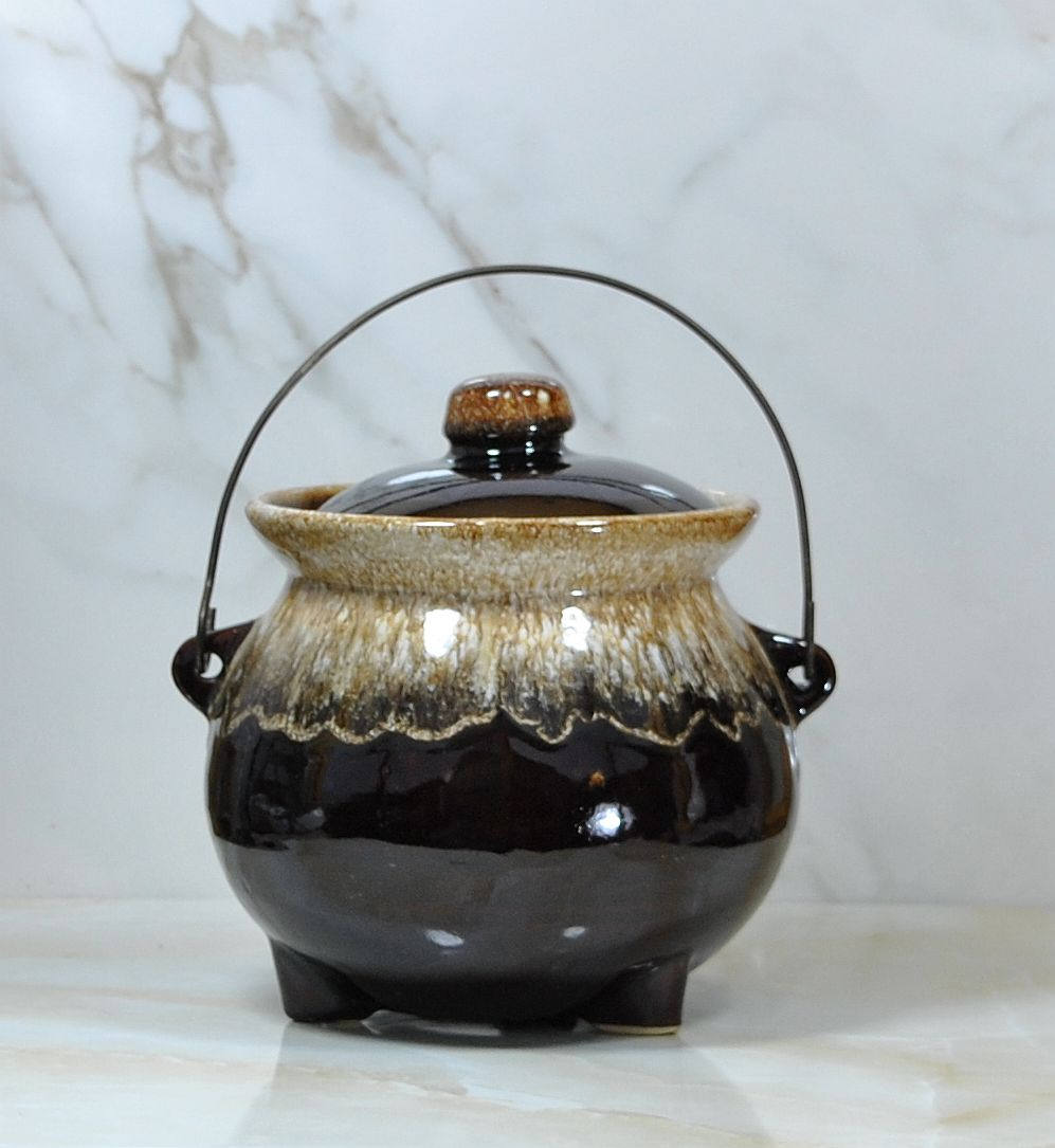 Vintage Brown Drip Glaze Bean Pot w/ Wire Handle & Lid,Soup Pot