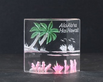 Lucite Souvenir Aloha Hawaii Acrylic Clear Figurine Paperweight Palm Tree Coral