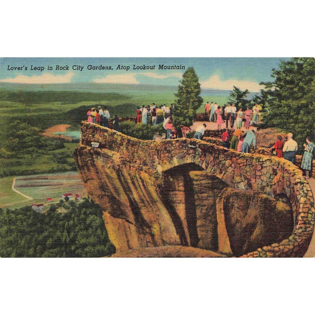 Leap Rocks Postcard Lover's Leap Rock City Gardens Atop Lookout Mt Linen Unposted ...