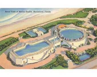 Postcard Aerial View of Marine Studios, Marineland, Florida Vintage Linen Unposted 1930-1950