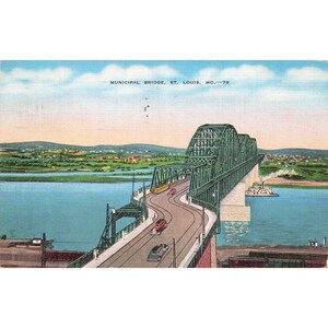 Pocztówka Municipal Bridge, St. Louis, MO. Vintage Linen Wysłane w 1939 r.