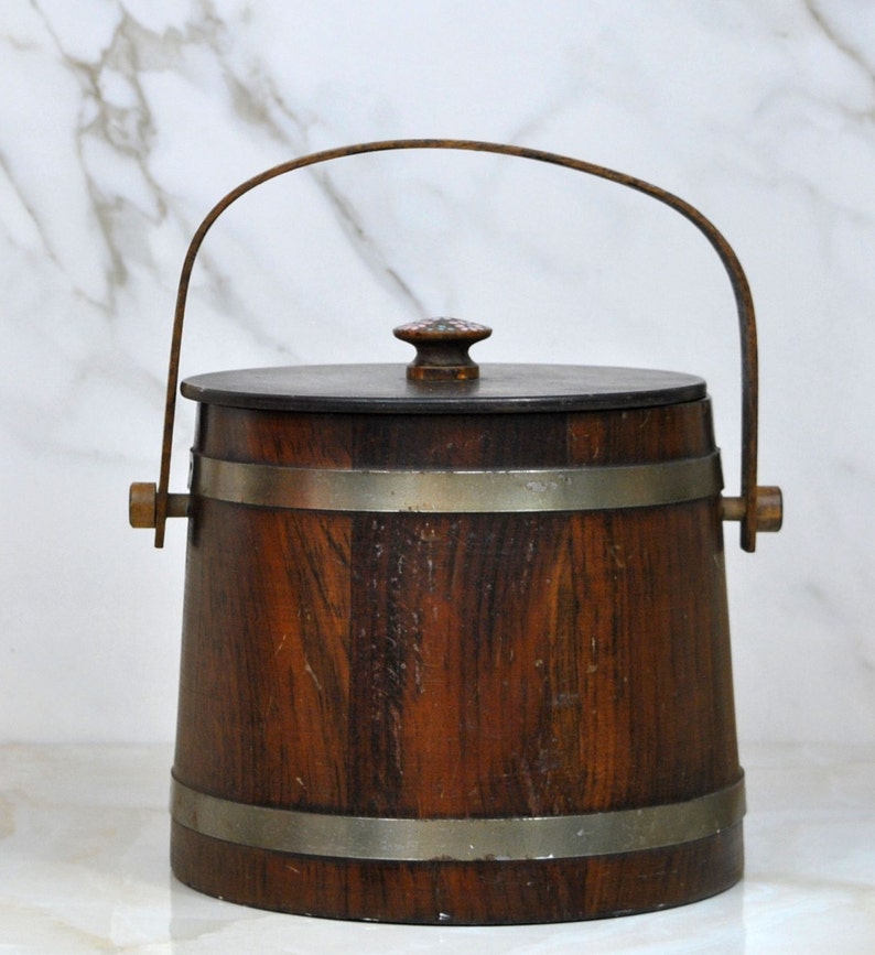 Collectible Jar Bucket Hand Painted Vintage Wooden Bucket Cookie Jar or Biscuit Jar Winterparkcollect Putney New York Basketville