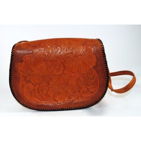 Handmade Tooled Brown Leather Saddle Style Handba… - image 5