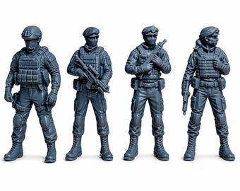 28mm 警察SWATフィギュア、1:56スケール樹脂製ミニチュア、ジオラマや鉄道模型レイアウト用の別体ベース付き未塗装グレー4体セット