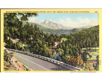 Vykort Pacific Highway, Sacramento River Canyon, Kalifornien, Mount Shasta i fjärran Vintage linne opostat