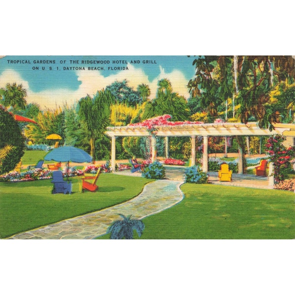 Postcard Tropical Gardens Of The Ridgewood Hotel And Grill On U.S. 1 Daytona Beach Florida Vintage Linen Posted 1930-1950