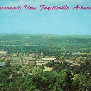 May include: A vintage postcard featuring a panoramic view of Fayetteville, Arkansas, with the text Panoramic View, Fayetteville, Arkansas printed in pink at the top. The scene shows a sprawling town nestled among dense green trees.