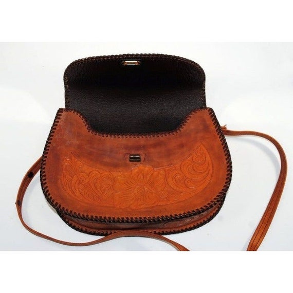 Handmade Tooled Brown Leather Saddle Style Handba… - image 8