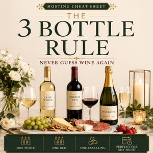 May include: A hosting cheat sheet titled The 3 Bottle Rule Never Guess Wine Again featuring three wine bottles labelled Crisp White, Medium Red, and Sparkling. The display includes wine glasses, grapes, cheese, crackers, and charcuterie.