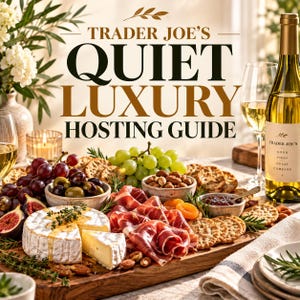 May include: A charcuterie board featuring a wheel of brie with honey, prosciutto, green grapes, red grapes, crackers, nuts, and jam. A bottle of white wine with a label reading Trader Joe's Good Food Great Company stands nearby, with text above reading Trader Joe's Quiet Luxury Hosting Guide.