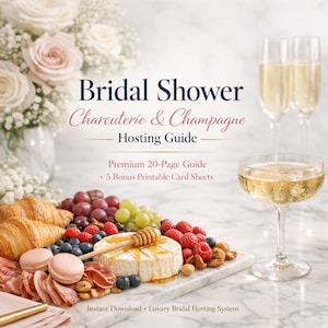 Può includere: Una guida per l'organizzazione di un bridal shower, intitolata "Bridal Shower Charcuterie & Champagne". L'immagine presenta un tagliere con croissant, frutta, formaggio e frutta secca, oltre a calici di champagne e un bouquet di fiori.