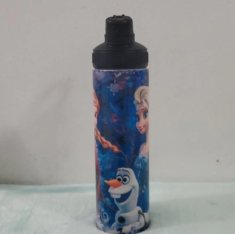 Pu&ograve; includere: Una borraccia cilindrica con tappo nero e sfondo blu e viola. La borraccia presenta immagini dei personaggi del film "Frozen", tra cui Elsa, Anna e Olaf. La borraccia &egrave; progettata per trasportare acqua o altre bevande.