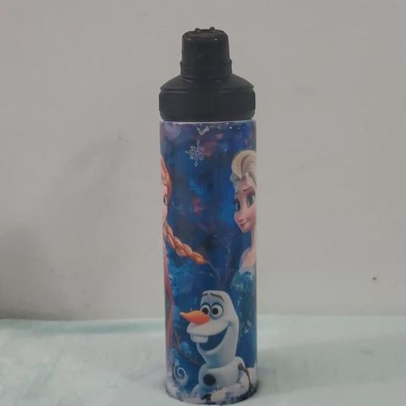 Pu&ograve; includere: Una borraccia cilindrica con tappo nero, decorata con personaggi del film Frozen. Il design presenta Elsa, Anna e Olaf su sfondo blu. La borraccia &egrave; adatta per bevande fredde.