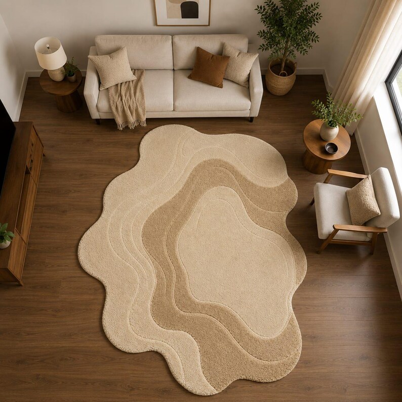 Rug Design Guide Hand Tufted Cream Rug, Handmade Wool Area Carpet, Organic Abstract Wavy ...