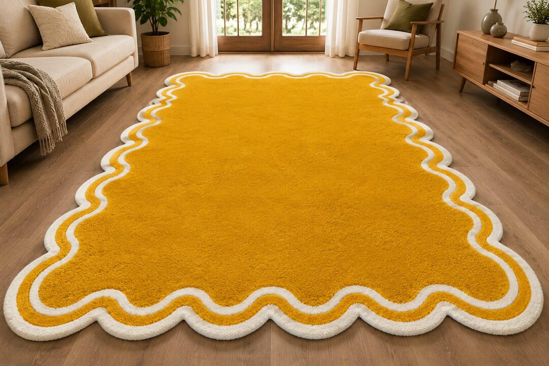 Wavy Edged Rug Hand Tufted Mustard Yellow Wool Rug, Handmade Scalloped Border Area ...