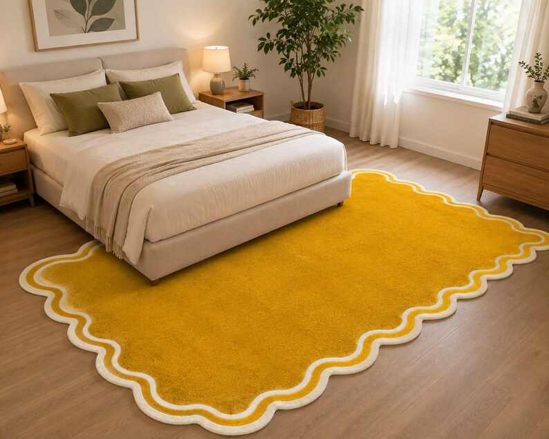 Wavy Edged Rug Hand Tufted Mustard Yellow Wool Rug, Handmade Scalloped Border Area ...