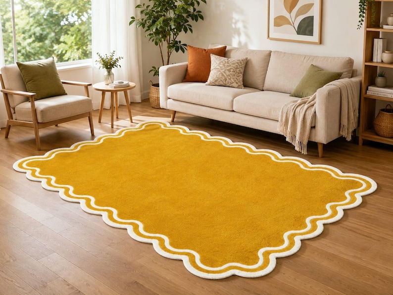 Wavy Edged Rug Hand Tufted Mustard Yellow Wool Rug, Handmade Scalloped Border Area ...