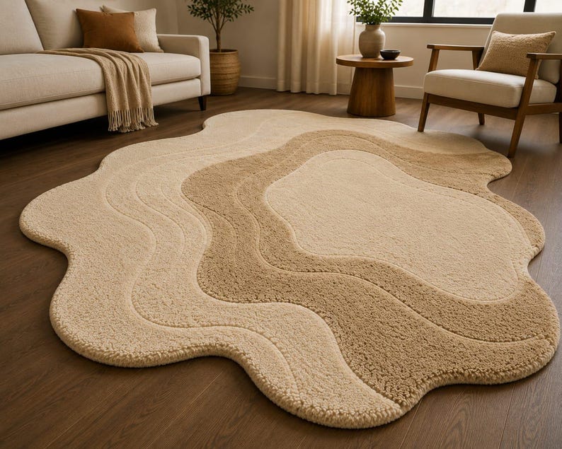 Hand Tufted Cream Rug, Handmade Wool Area Carpet, Organic Abstract Wavy ...