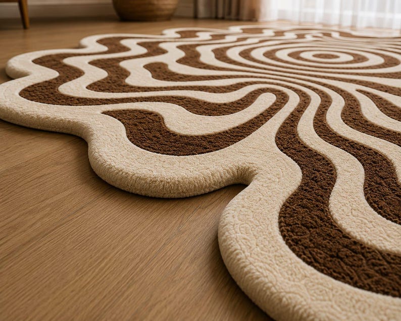 Wavy Edged Rug Hand Tufted Brown Cream Rug, Organic Abstract Wavy Pattern Wool Area ...