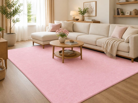 Blush Pink Hand Tufted Rug, Soft Plush Carpet, Modern Minimalist Nursery Decor.