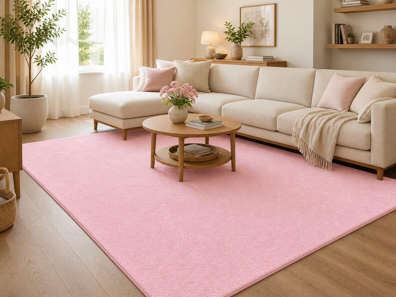 Op de afbeelding: Een groot, rechthoekig, lichtroze tapijt in een woonkamer. Een beige hoekbank en een ronde houten salontafel staan op het tapijt. De kamer heeft houten vloeren en wordt verlicht door natuurlijk licht.