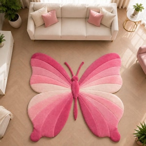 Hand Tufted Butterfly Rug Pink & Blush Wool Carpet, Cute Kids Room Rug, Nursery Decor, Whimsical Bedroom, Living Room Area Rug