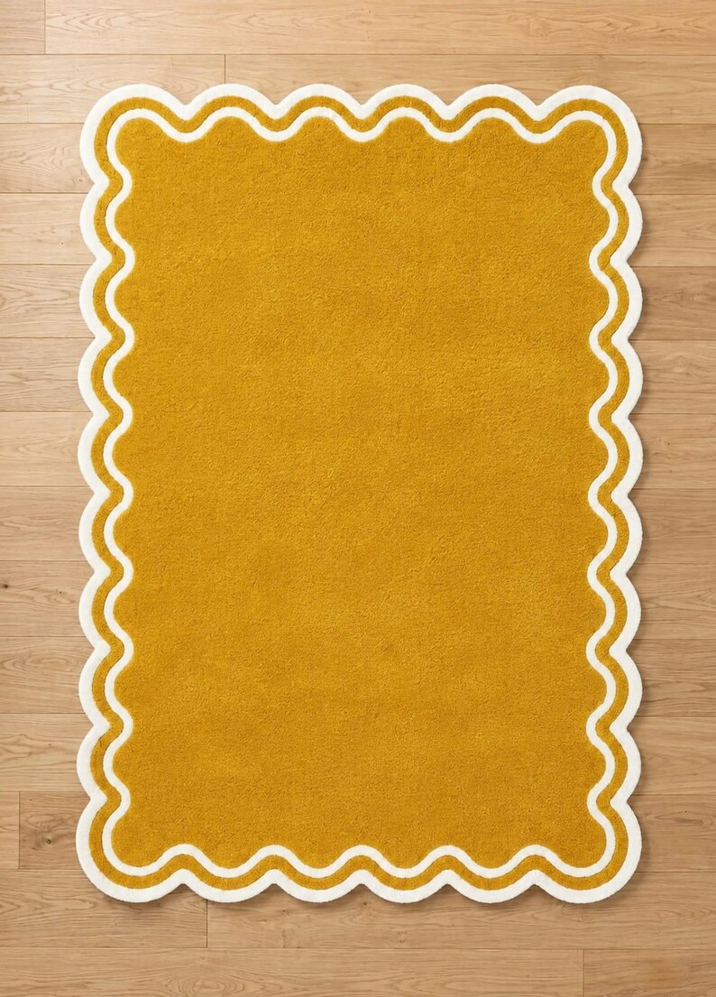 Wavy Edged Rug Hand Tufted Mustard Yellow Wool Rug, Handmade Scalloped Border Area ...