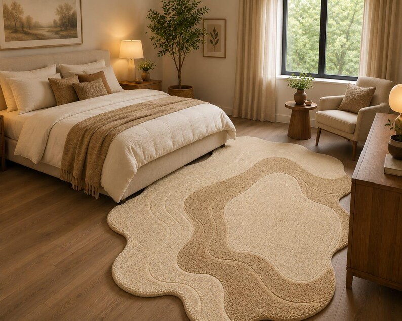 Rug Design Guide Hand Tufted Cream Rug, Handmade Wool Area Carpet, Organic Abstract Wavy ...