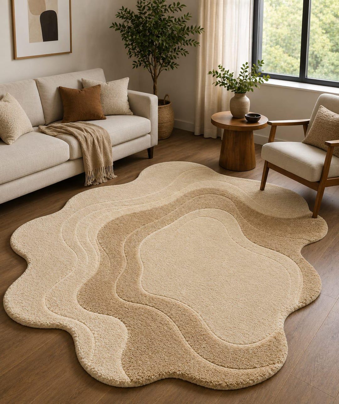Rug Design Guide Hand Tufted Cream Rug, Handmade Wool Area Carpet, Organic Abstract Wavy ...