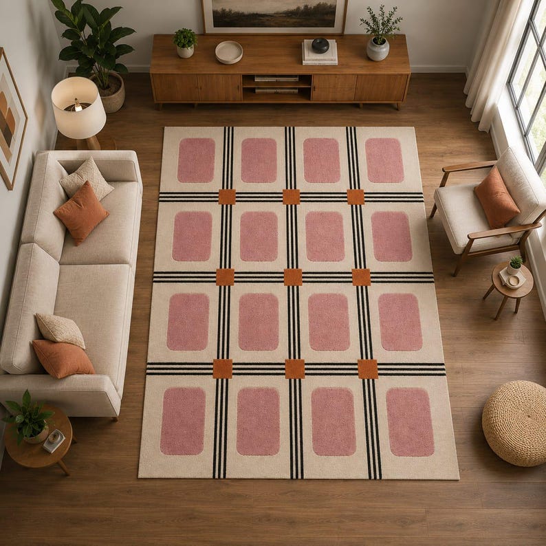 Rug Design Guide Hand Tufted Pink Cream Geometric Rug, Handmade Wool Area Carpet, Modern ...