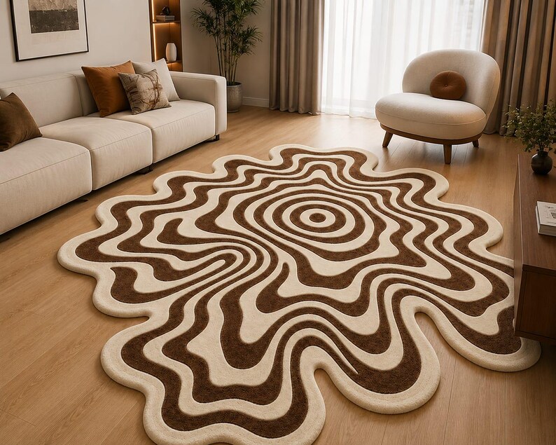 Wavy Edged Rug Hand Tufted Brown Cream Rug, Organic Abstract Wavy Pattern Wool Area ...