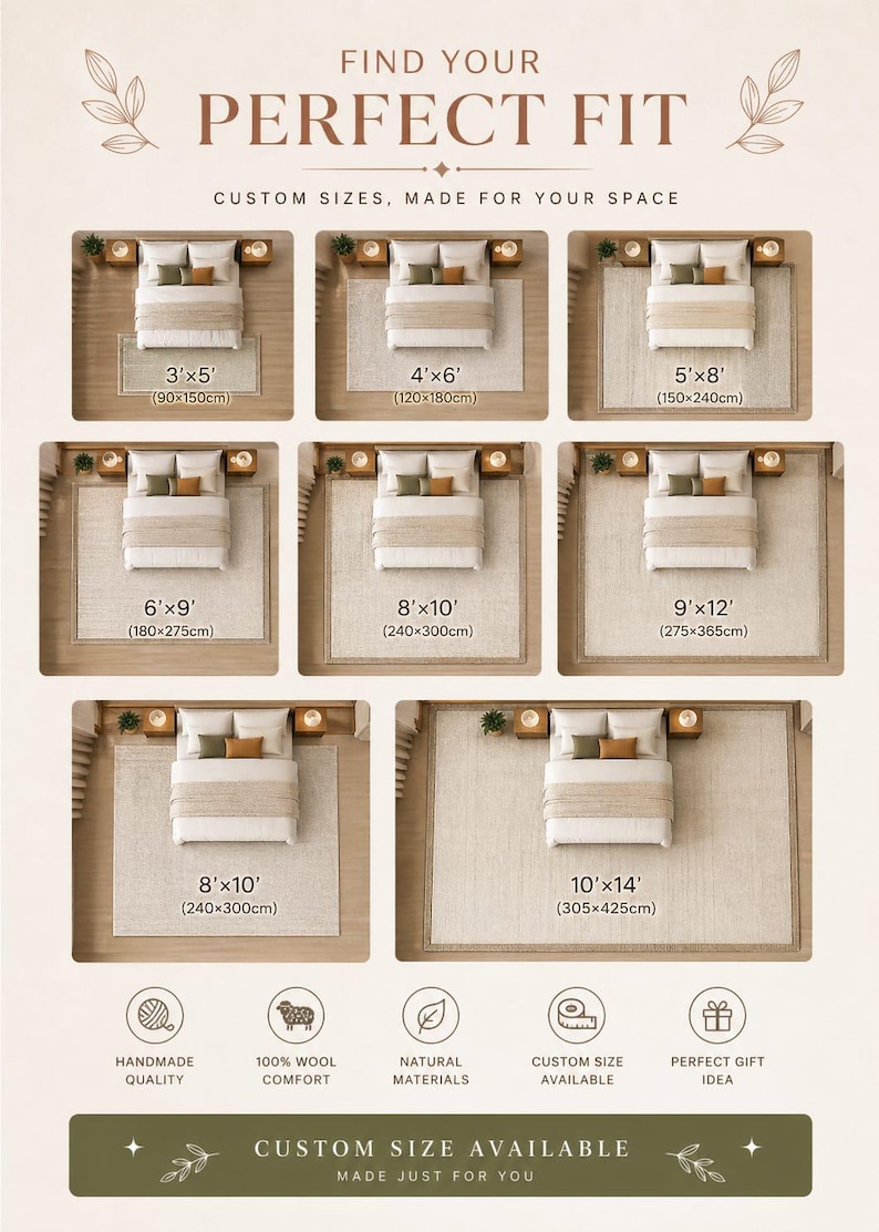 Op de afbeelding: Advertentie met verschillende tapijtmaten, van 90x150cm tot 305x425cm, weergegeven onder een bed. De afbeelding benadrukt aangepaste maten, handgemaakte kwaliteit, 100% wolcomfort en natuurlijke materialen. De tekst luidt "Vind uw perfecte pasvorm."