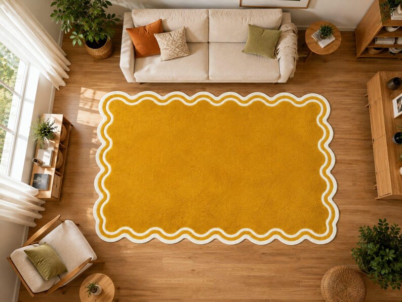 Wavy Edged Rug Hand Tufted Mustard Yellow Wool Rug, Handmade Scalloped Border Area ...