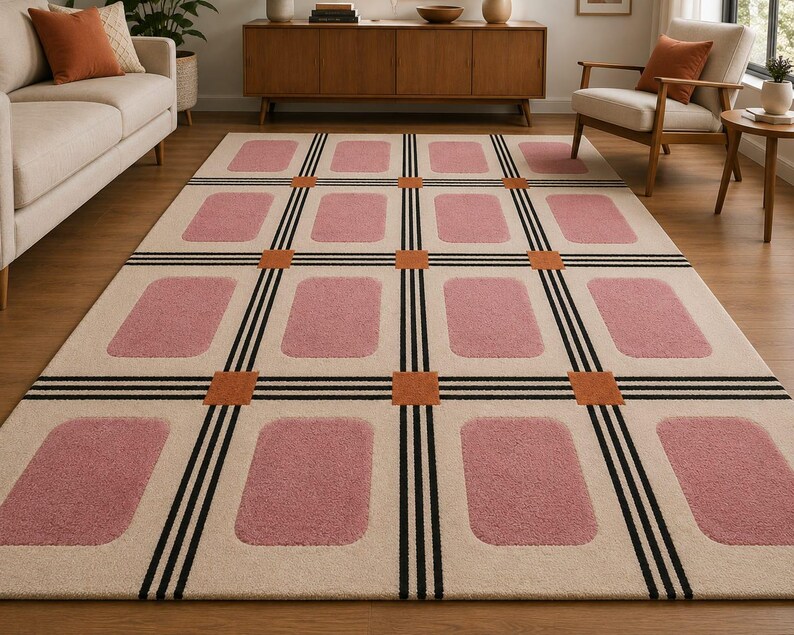 Rug Design Guide Hand Tufted Pink Cream Geometric Rug, Handmade Wool Area Carpet, Modern ...