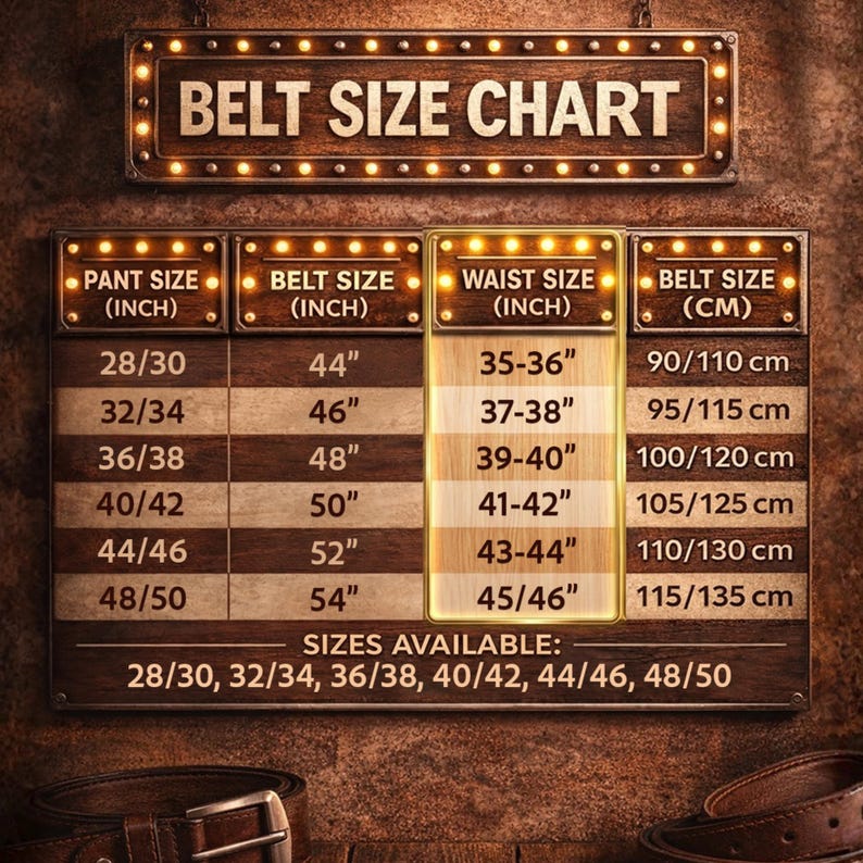May include: A wooden belt size chart with the text "BELT SIZE CHART" at the top. The chart includes pant size, belt size in inches, waist size in inches, and belt size in centimeters. Sizes available are 28/30, 32/34, 36/38, 40/42, 44/46, and 48/50.