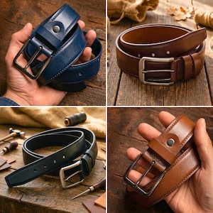 May include: A collage of four leather belts in various colors: navy blue, brown, black, and tan. Each belt features a silver-colored buckle and a matching leather loop. The belts are displayed on a wooden surface, showcasing their craftsmanship.