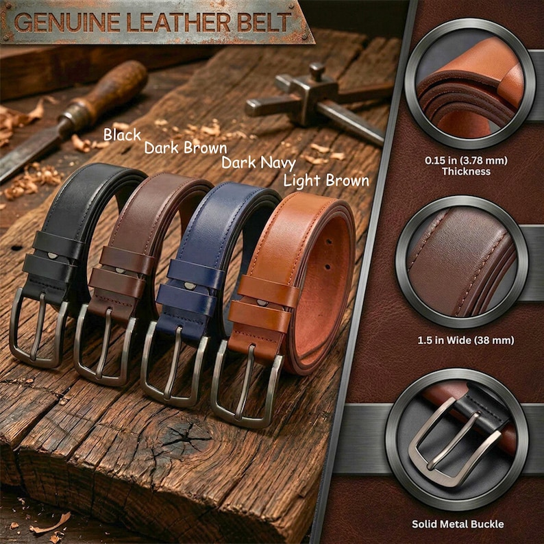 May include: Image of four genuine leather belts in black, dark brown, dark navy, and light brown. Each belt has a solid metal buckle and is 1.5 inches (38 mm) wide. The thickness is 0.15 inches (3.78 mm). The text "GENUINE LEATHER BELT" is at the top.
