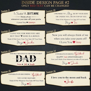 May include: A design page with various text options for a belt buckle. The text includes phrases like "I love you" and "Think of me whenever you take off your pants." The designs feature names and anniversary messages.